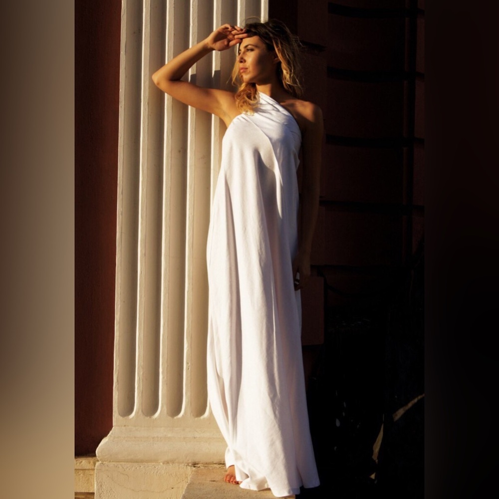 One Shoulder Maxi Dress / White Kaftan Linen Dress by AAKASHA